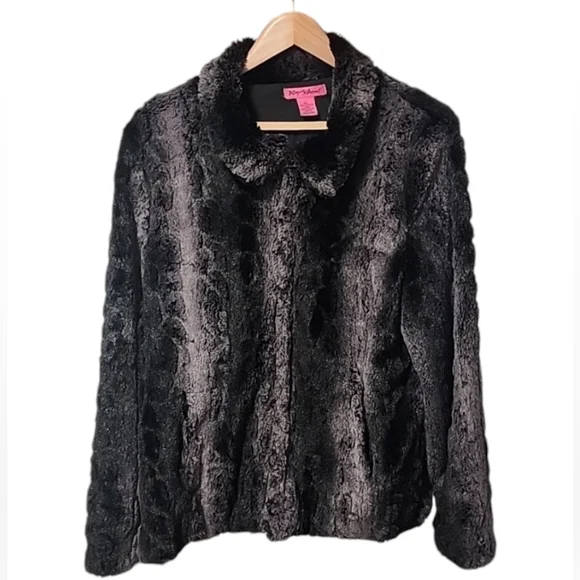 BETSEY JOHNSON Faux Fur Jacket L Super Soft Teddy Black Gray Animal Fuzzy Soft - Picture 7 of 10